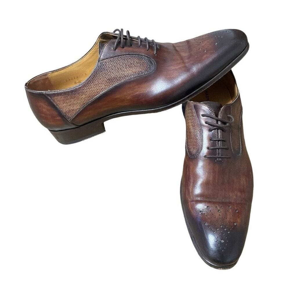Magnanni Laredo Shoes Mens 13 Brown Wing Tip Leather Oxfords Burnish Cognac $595
